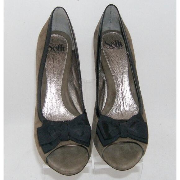 Sofft Rembrandt Taupe Gray Suede Patent Leather Peep Toe Bow Heels Pumps 10 NEW - Picture 2 of 12